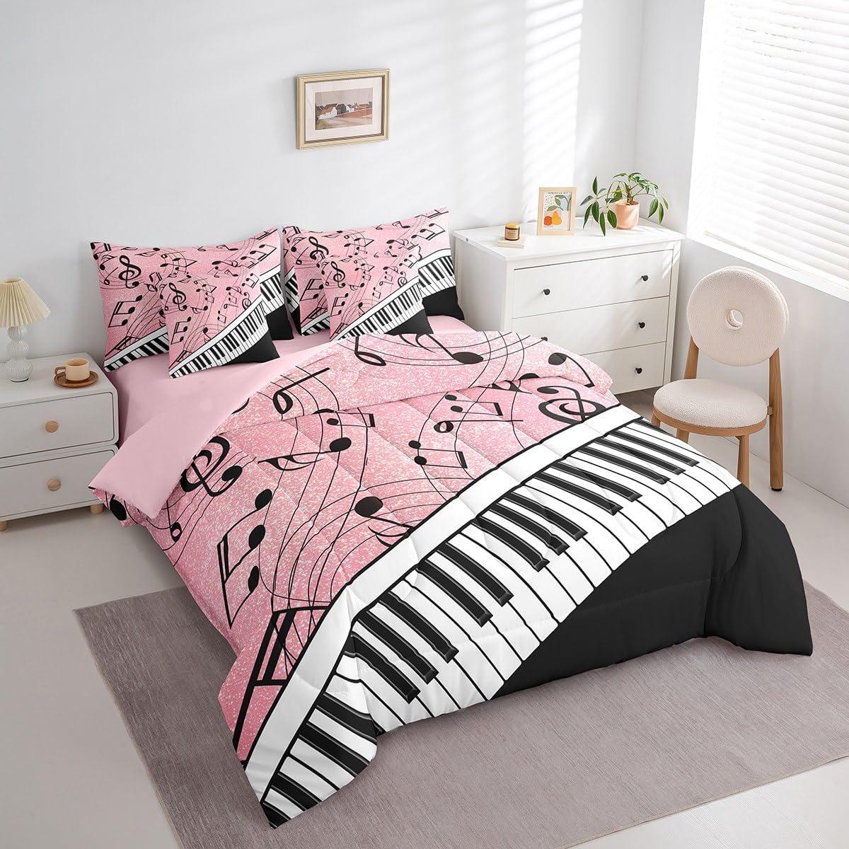 Manfei 7 Pieces Musical Notes Comforter Set Queen Size, Black White Piano Key Bedding Set, Music Theme Pink Glitter Print Bed in Bag with Comforter, Sheets and Pillowcases, Kids Girls Room Decor