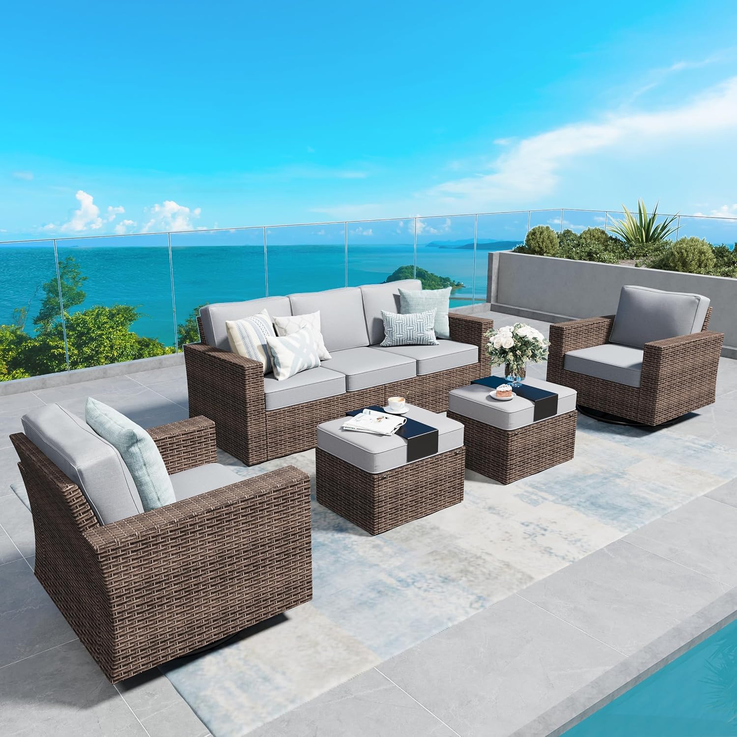 Swivel Glider 5 Piece Outdoor Furniture Set with Swivel Chairs, Wicker Patio Furniture with 4.92