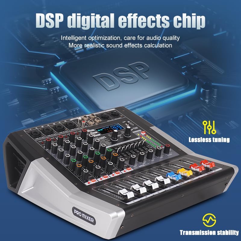 TF400 4-Channel Professional Audio Mixer with 99 DSP Sound with 7 Band Equalizer 4 Ohm 2 * 250 Watt Output +48V Bluetooth Power Amplifier for Recording DJ Stage/Karaoke (TF400)