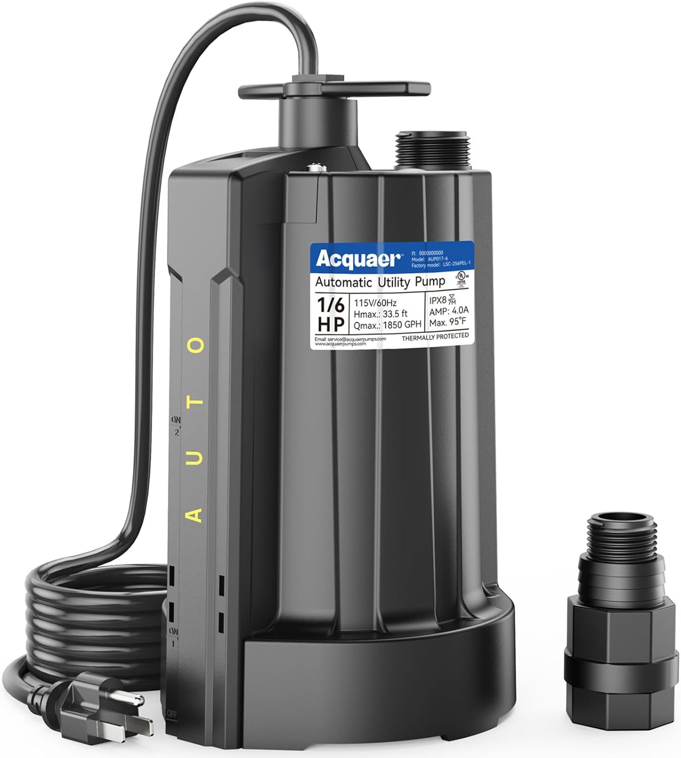 Acquaer 1/6 HP Automatic Submersible Water Pump, 115V Sump Pump with 3/4” Garden Hose Check Valve Adapter,1850 GPH High Flow Water Removal for Swimming Pool Cover Hot Tubs Flooded House Basement