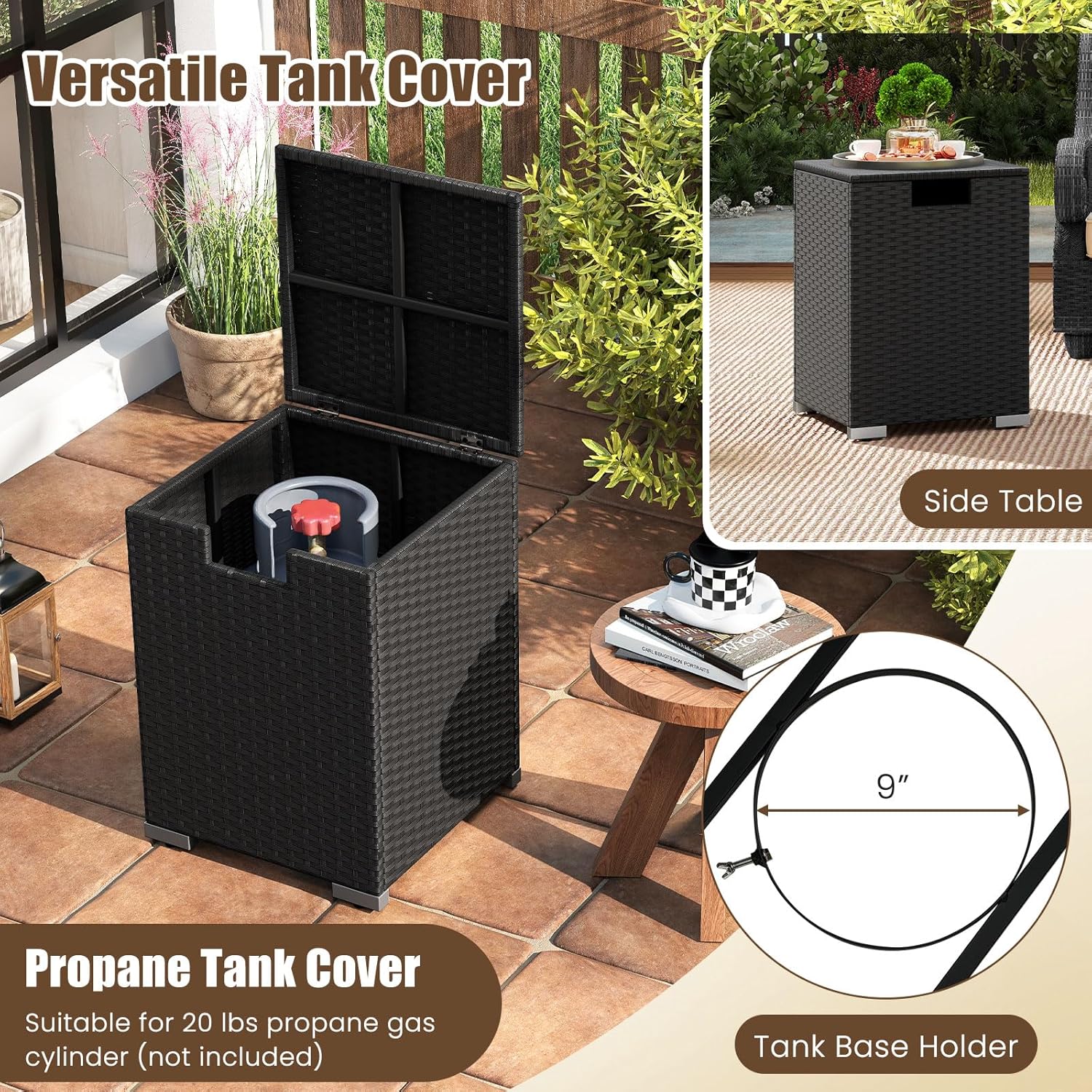 Tangkula 2 Piece Propane Fire Pit Table Set with Tank Cover, Outdoor Rattan Gas Firepit with Lid, Tempered Glass Tabletop, Protective Cover, 40,000 BTU Rectangle Fire Table Set for Outside (Black)