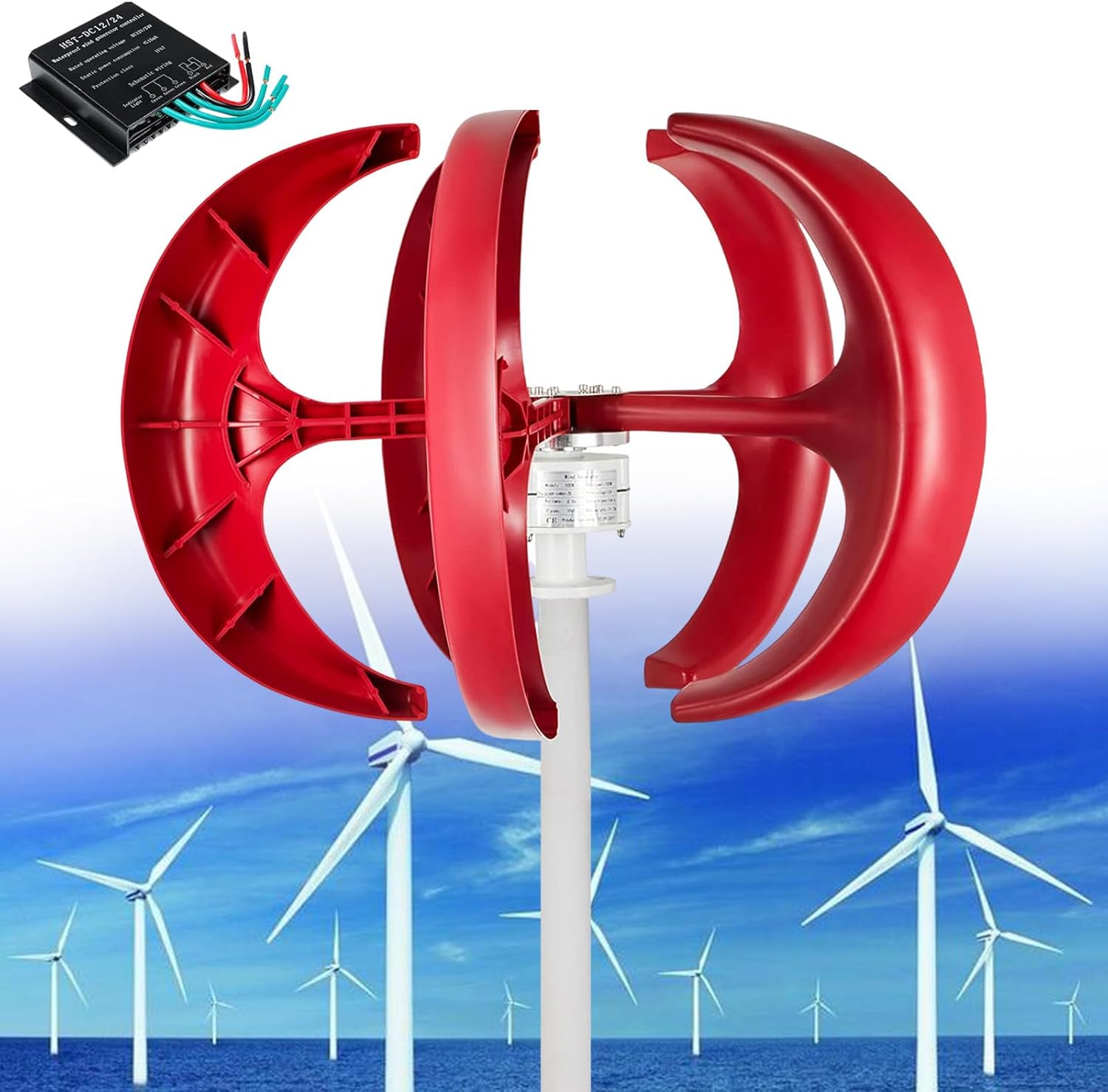 12000W 5 Blades Vertical Wind Turbine Kit, Wind Turbine Generator,3 Phase AC Permanent Magnet Generator, with Controller, for Hybrid Wind Solar System(Red/220V)