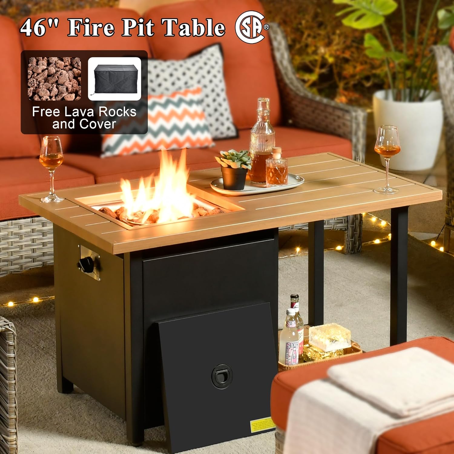 Patio Furniture Set,6 Pieces Wicker Patio Furnitures with Outdoor Loveseat,Double-Deck Fire Pit Table,Swivel Rocking Chairs,All Weather Patio Conversation Sets,Bold Orange