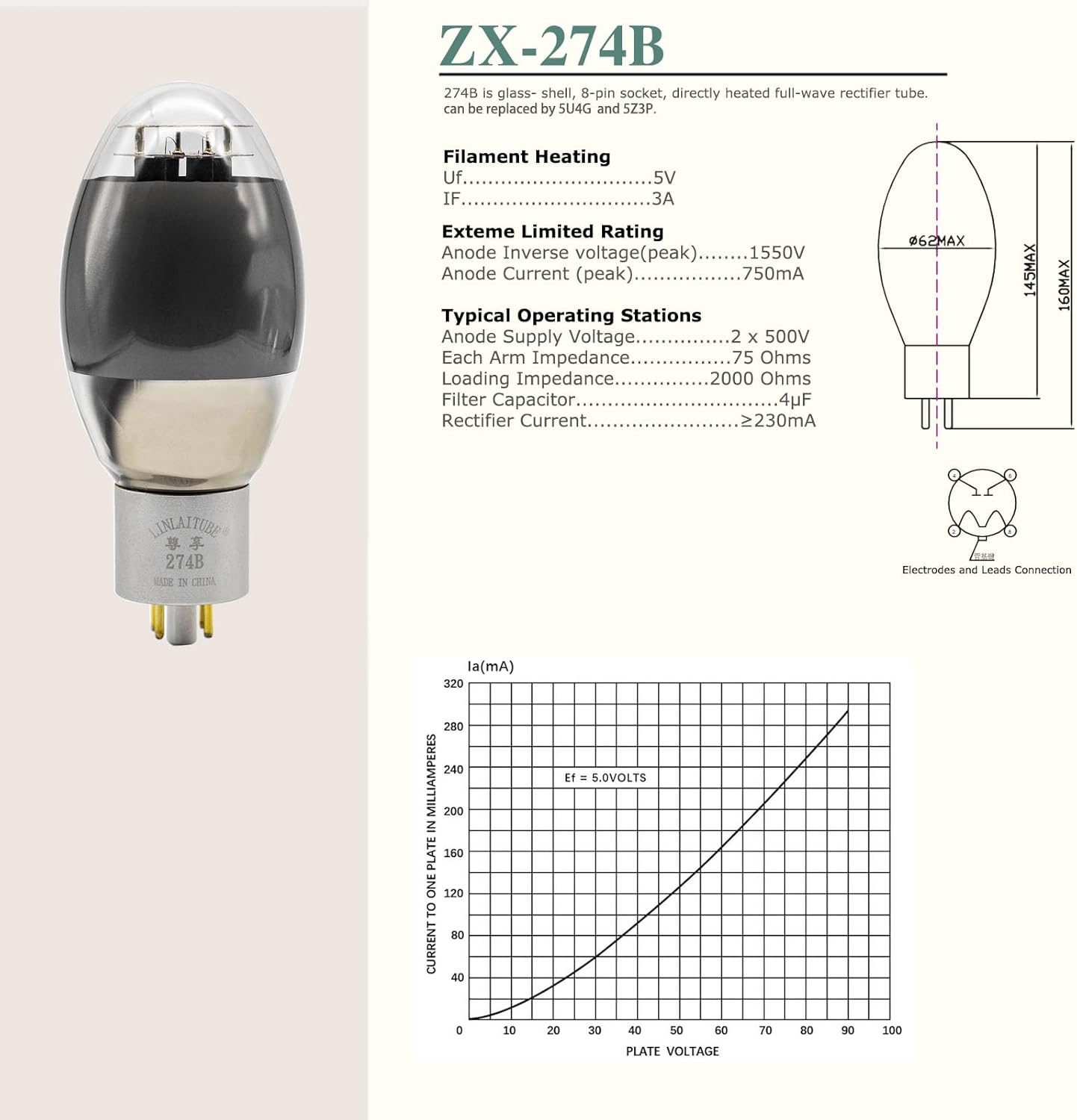 LINLAI ZX-274B Full Wave Rectifiers High Vacuum Hifi Valve Electronic Tube for Audio Amplifier Replaced by 274B or 5U4G(1 piece)