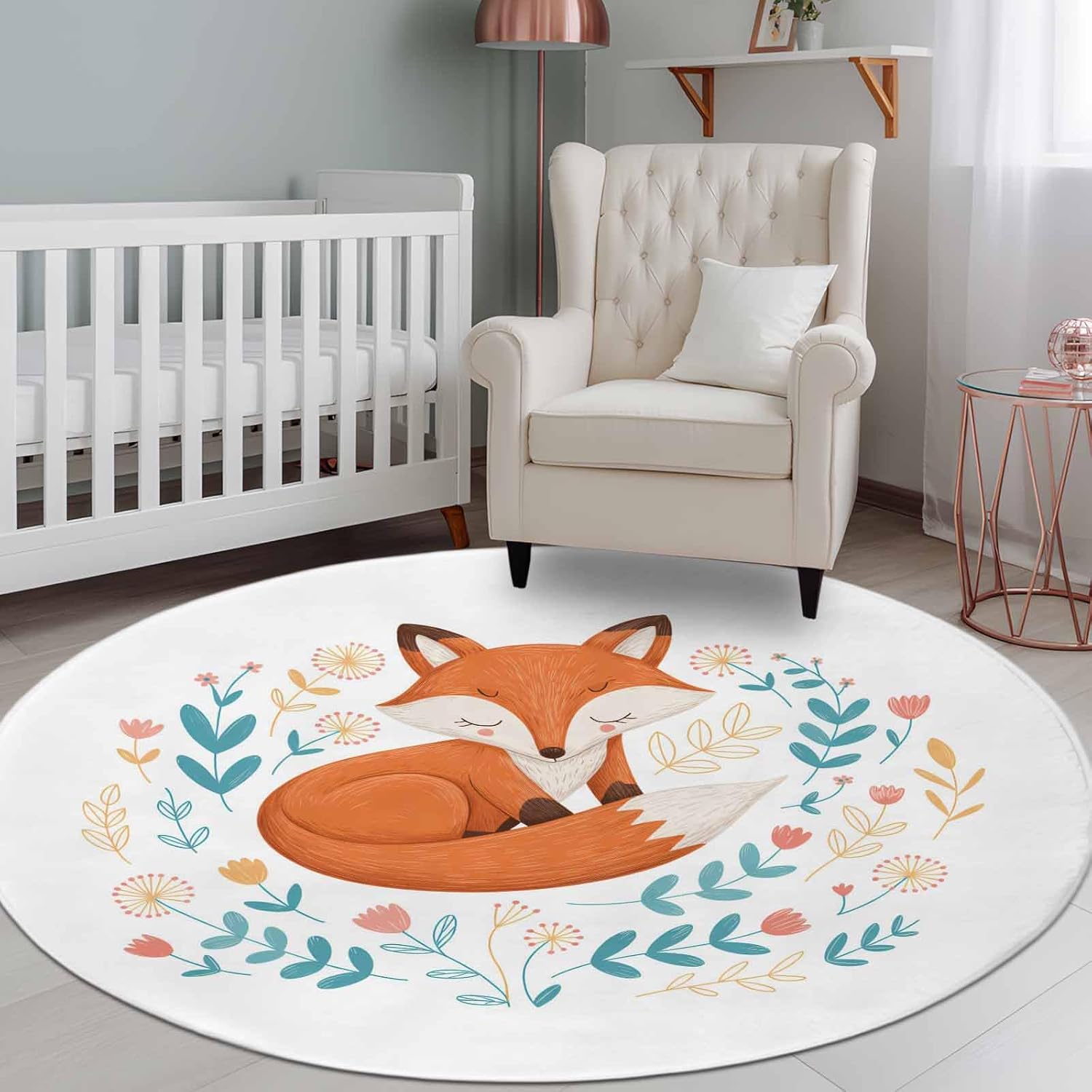 Round Area Rug,8ft Washable Circle Rugs Cartoons Animals Foxes Soft Non-Slip Carpet Indoor Floor Mat for Home Living Room Bedroom Office,Farm Flowers Plants