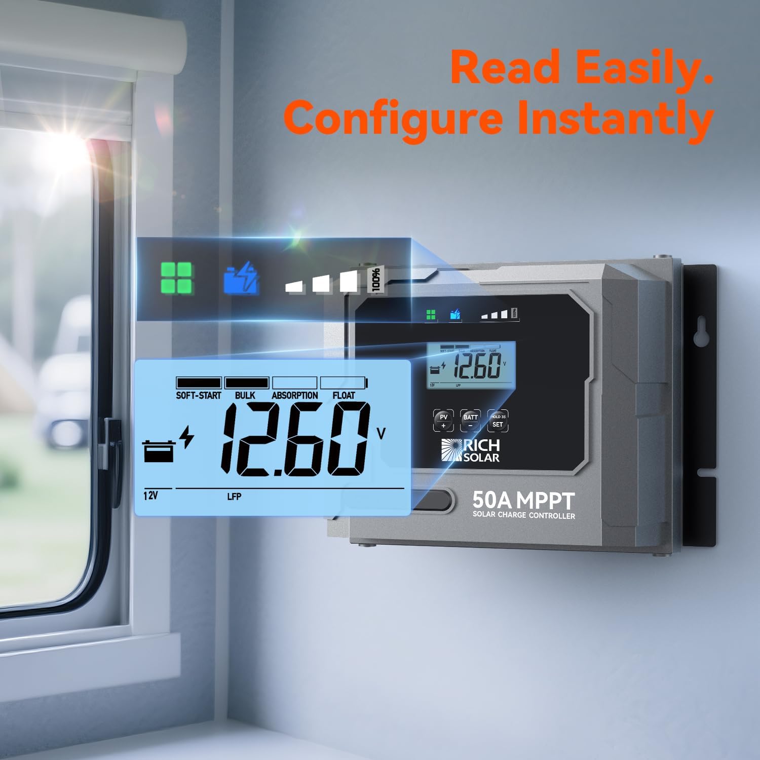 RICH SOLAR Bravo 50 | 50A MPPT Solar Charge Controller with Bluetooth – 12V/24V Auto-Detect, Lithium & Lead-Acid Battery Support for RVs, Campers & Off-Grid Systems