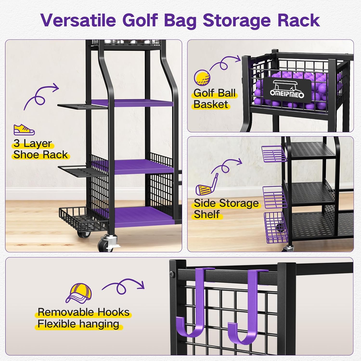 Golf Bag Storage Garage Organizer, Golf Bag Storage Stand and Other Golfing Equipment Accessories Rack, Golf Bag Storage Rack with Wheels, Golf Organizer for Home, Garage, Club, Shed, Basement