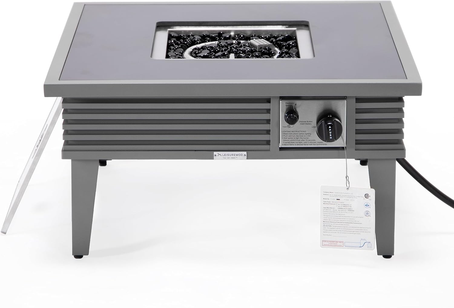 LeisureMod Walbrooke Modern Outdoor Square Fire Pit Table with Powder-Coated Aluminum Frame and Slats Design for Patio and Backyard Garden, Grey