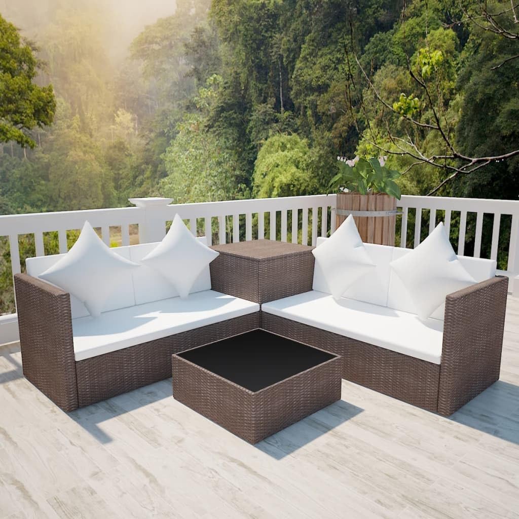 4 Piece Patio Lounge Set with Cushions Poly Rattan Brown,Versatile Rattan Lounge Set with Storage Box for Outdoor Comfort and Style Patio Furniture Sets, Outdoor Furniture Sets