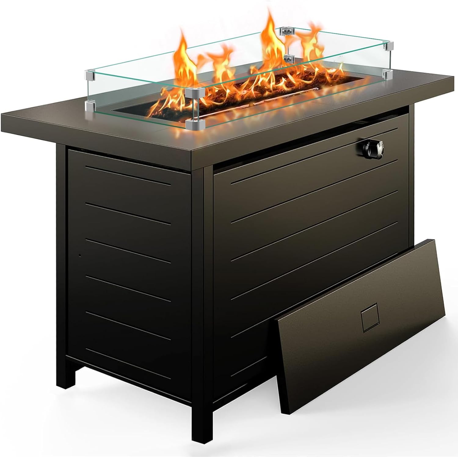 Ciays 42 Inch Gas Fire Pit Table, 60,000 BTU Propane Fire Pits for Outside with Glass Wind Guard, Steel Lid,Lava Rock, 2 in 1 Fire Pit Table Gatherings Parties on Patio Deck Garden, Ebony