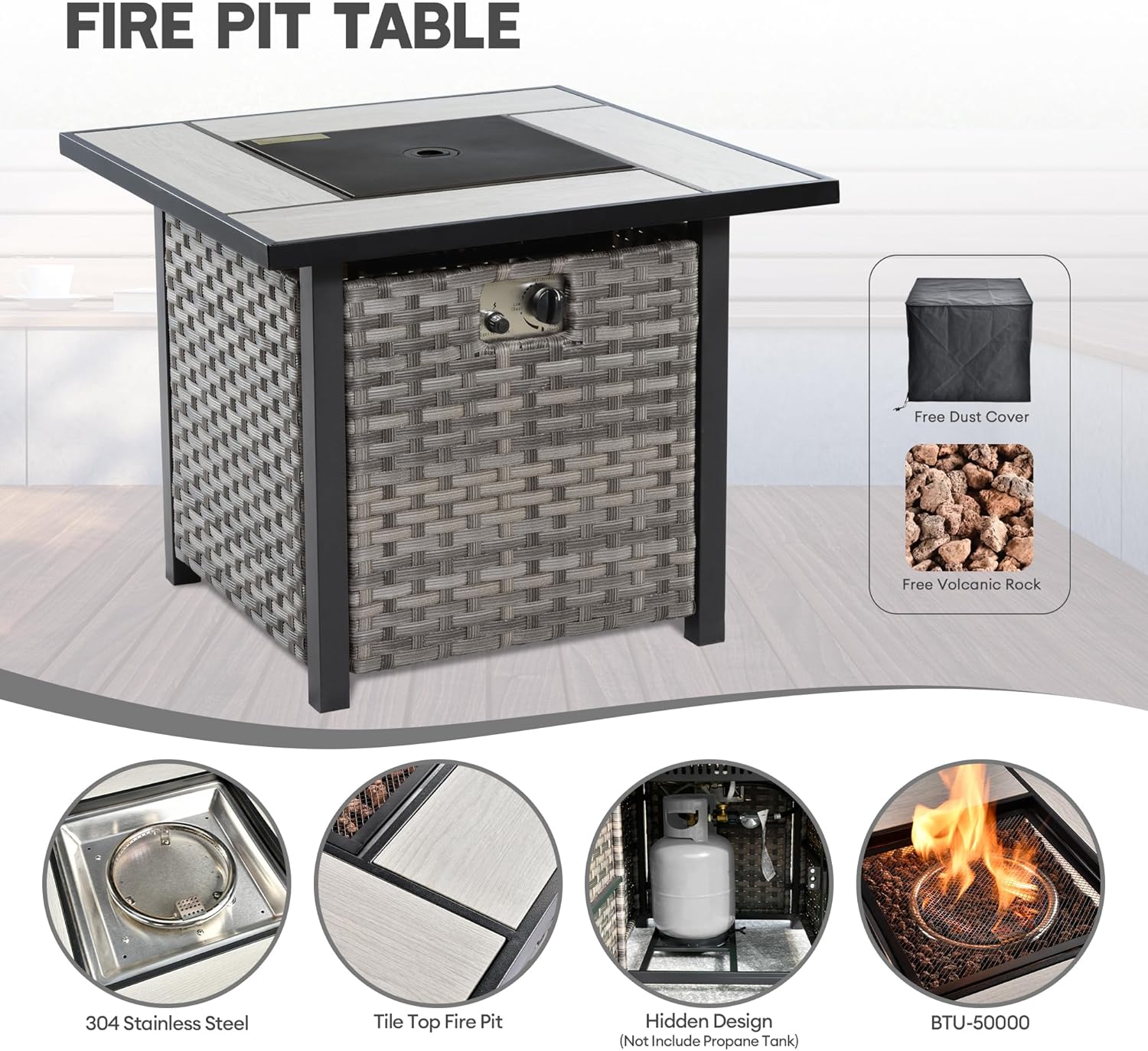 7 Pieces Outdoor Patio Furniture Set, Wicker Conversation Sectional Set with 30 Inch Gas Propane Fire Pit Table and Thickened Cushions (Black)