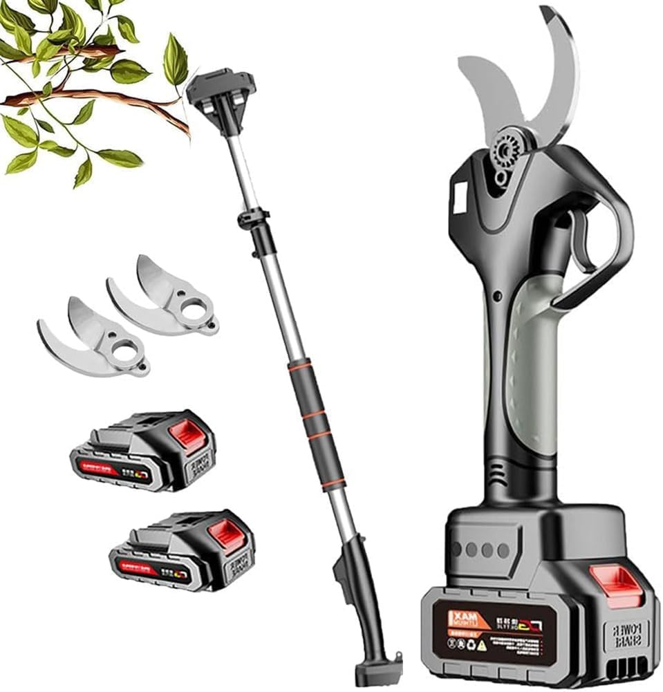 Electric Garden Secateur, Cordless Electric Pruning Shears, with 2.1m Telescopic Pole, 2PCS Backup Battery, 45mm Cutting Diameter, for Pruning Trees, Shrubs and Fruit Trees