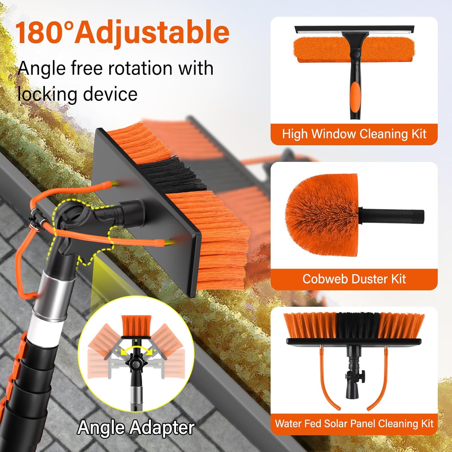 20FT Water Fed Solar Panel Cleaner Brush and Pole,Solar Panel Cleaning Kit with Telescopic Pole & Cleaner Solution Dispenser,180°Rotatable Solar Cleaning Brush with Lightweight Pole for RV,Boat,Deck