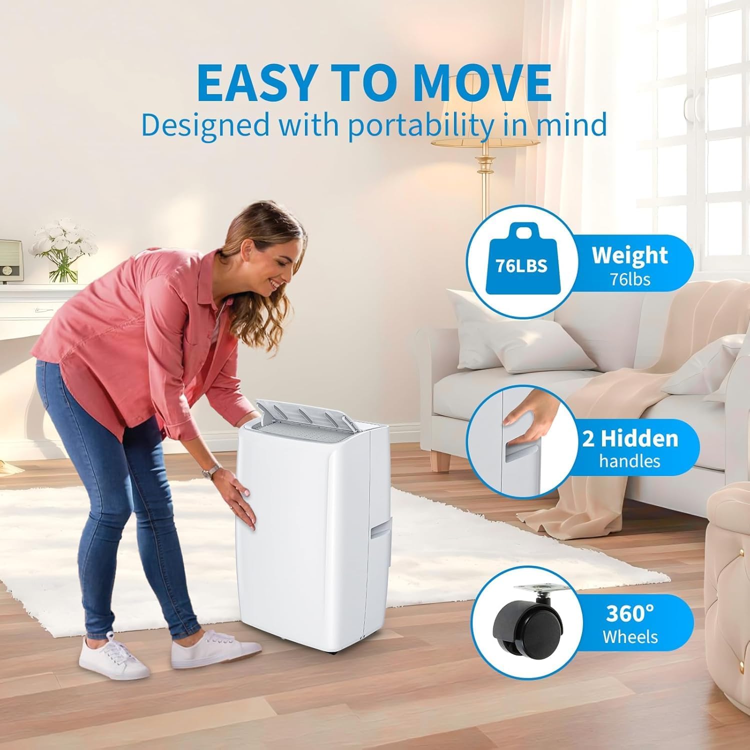14,000 BTU Portable Air Conditioner with Remote Control, 4-IN-1 Remote Control Vertical AC Unit Cooling up to 750 Sq. Ft. Cooling/Dehumidifier/Fan/Timer, Low Noise, Apartment, Bedroom, Office, White