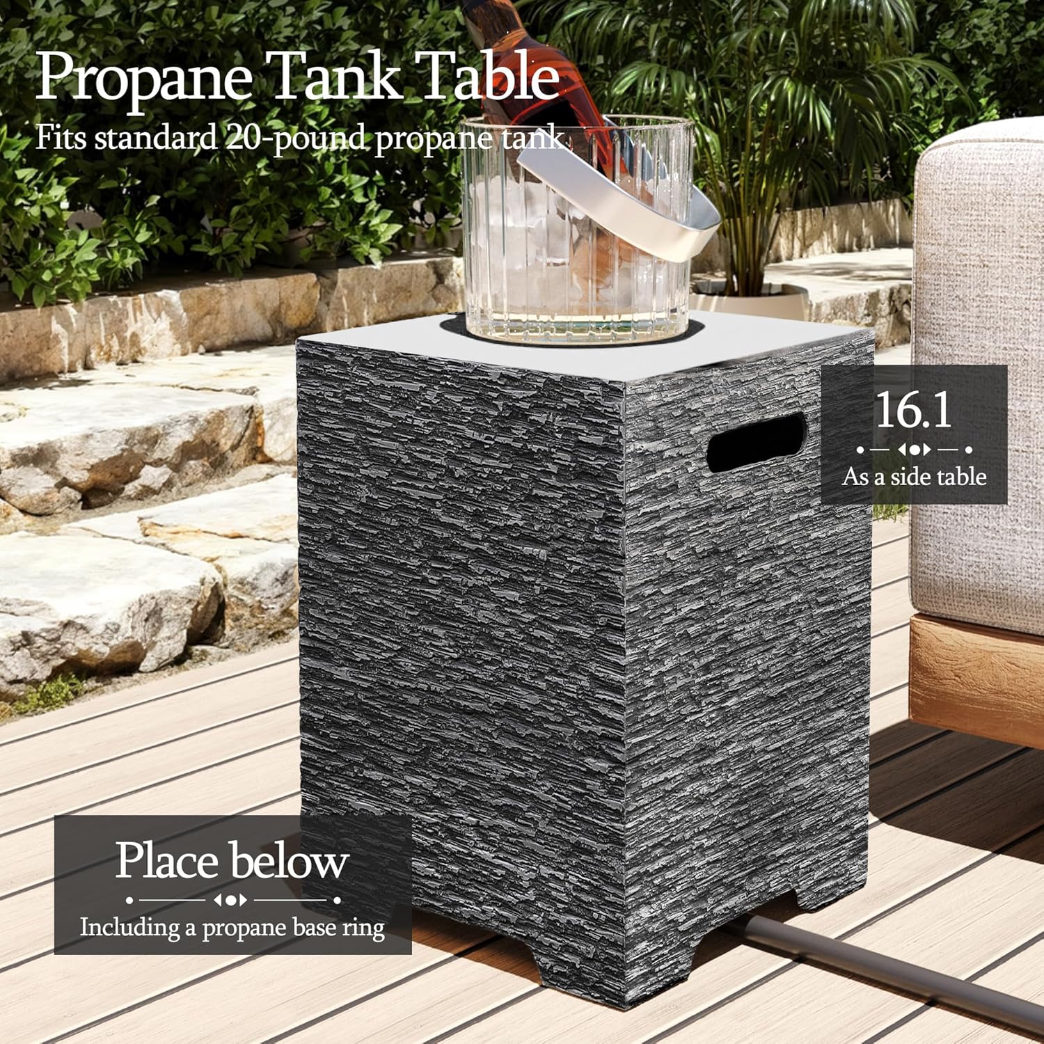 UPHA 56-inch Outdoor Propane Gas Fire Pit Table 50000 BTU Concrete Rectangle FirePit for Outside Patio with Propane Tank Cover, Blue Glass Rocks, Rain Cover, Grey Horizontal Stripe