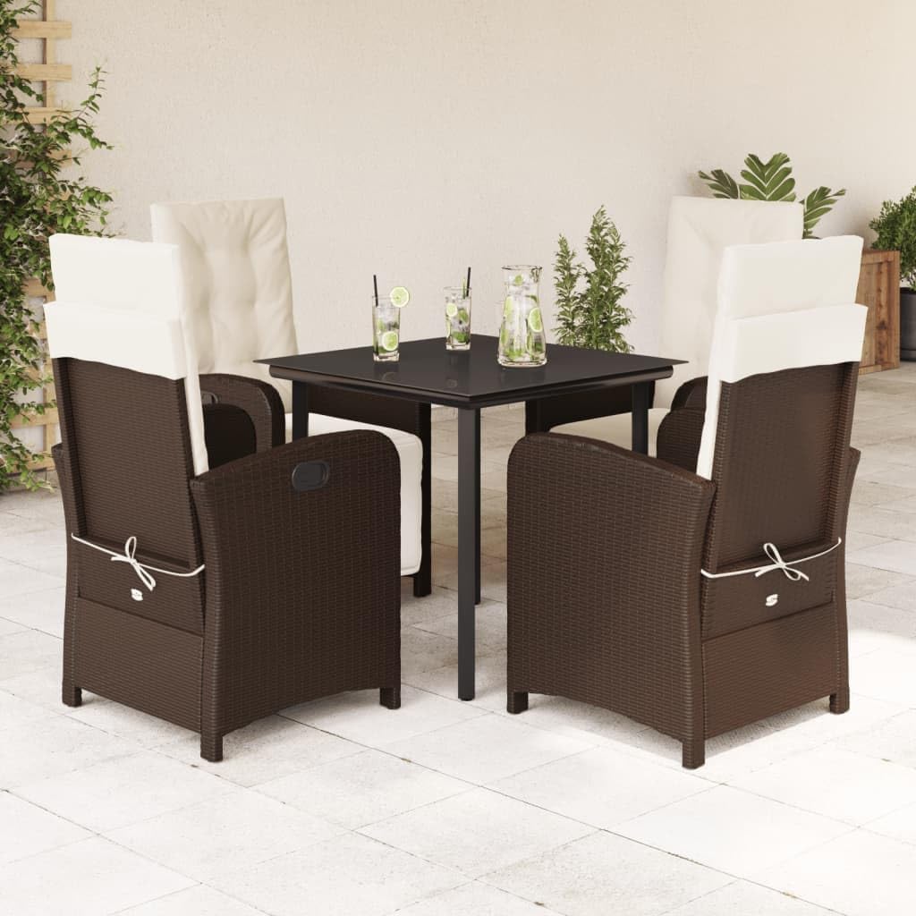 5 Piece Patio Dining Set with Cushions Brown Poly Rattan,Durable PE Rattan Garden Dining Set with Adjustable Backrest and Washable Cushion Covers Furniture Sets for Patio, Lawn & Garden