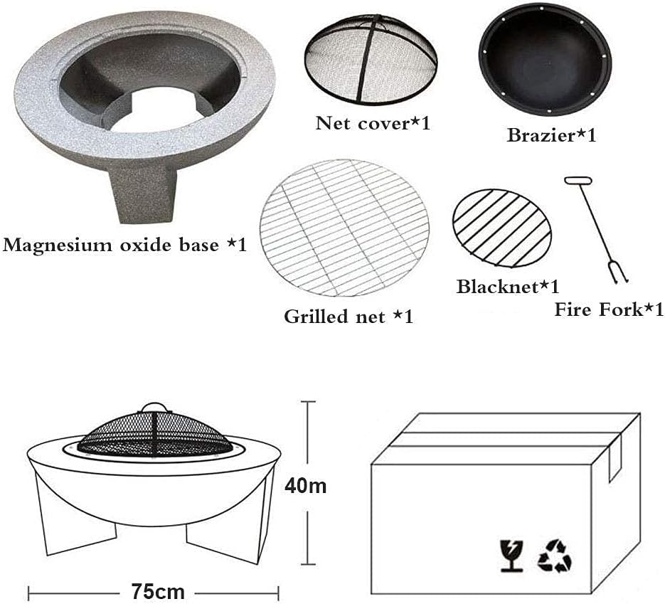 Small Firepit, Fire Bowl for Garden and Patio, Fire Pit with BBQ Grill Shelf Includes Grill Grate for Use as a BBQ Pit, Fire Bowl Out of Steel with an Edging of Artificial Stone 75 40cm