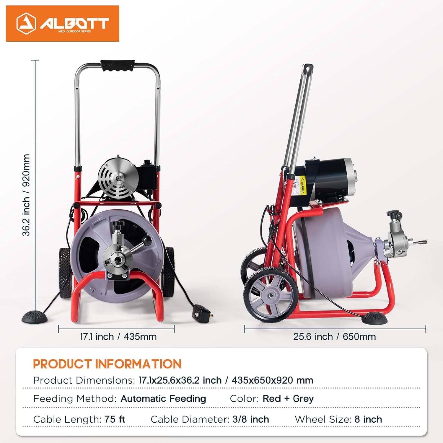 Albott 75 FT x 3/8 inch Electric Drain Cleaner Machine with Auto-Feed & 9 Cutters, Sewer Snake Auger for 1–4 Inch Pipes, Foot Switch & Wheels, Ideal for Home & Commercial Use, Grey/Red