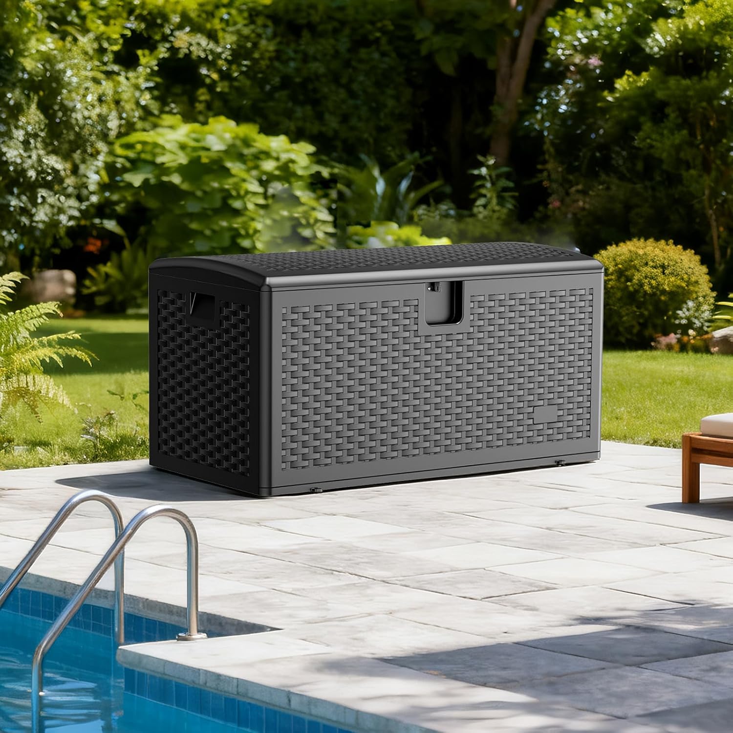 JEKO&JEKO 75 Gallon Outdoor Storage Box, Large Plastic Deck Box with Lockable Lid for Patio Furniture, Garden Tools, Outdoor Cushions and Shoes, Black