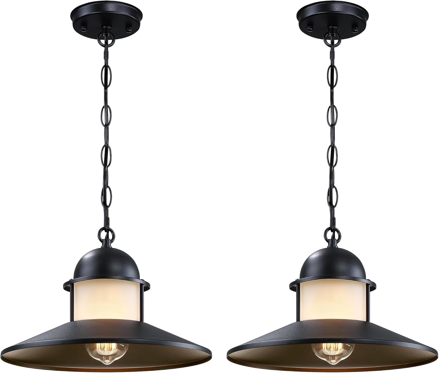 Outdoor Pendant Light 2 Pack, Modern Outside Chandelier Outdoor Hanging Lantern Light in Matte Black with Frosted Glass, Exterior Pendant Lighting Fixture Ceiling Mount for Porch Patio Gazebo