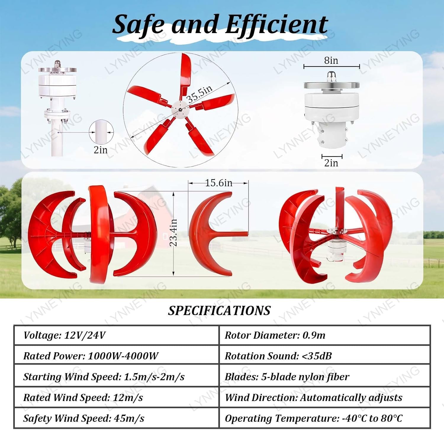 Wind Power Generator Kit, 12V/24V Vertical Axis Tur-Bine, 5-Blade Low Wind Speed Start, Solar & Wind Power Inverters, for RV, Boat, Off-Grid Cabin, Street Light(AC:2000W,1000W12V)