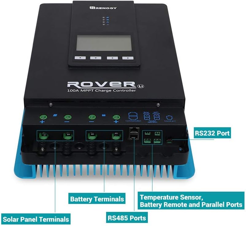 Rover 100A MPPT Solar Charge Controller - DC Input Solar Controller for RV/Marine, Auto-Detect 12V/24V/36V/48V, LCD Display Solar Regulator fit for Gel, Sealed, Flooded and Lithium Battery