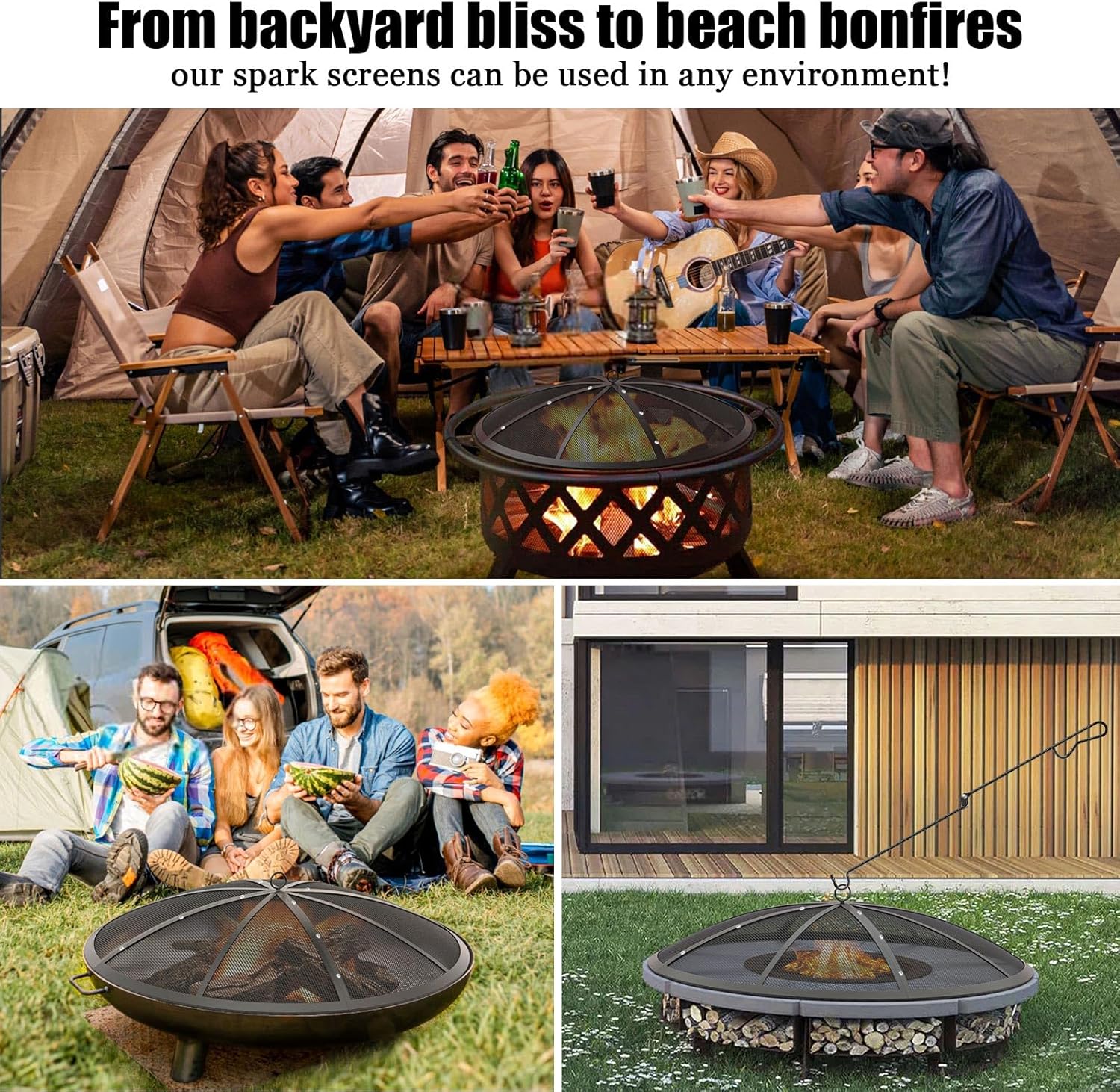 Fire Pit Spark Screen, 40Inch Fire Pit Lid Outdoor with Handle & Poker, Heavy-Duty Mesh Firepit Cove with 12 Reinforced Bars for Backyard/Beach/RV Camping