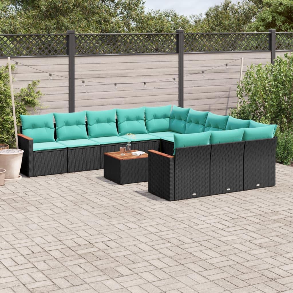 12 Piece Garden Sofa Set with Cushions, Black Poly Rattan Outdoor Patio Furniture, Modular Design with Acacia Wood Tabletop, UV-Resistant for Backyard, Terrace, Balcony