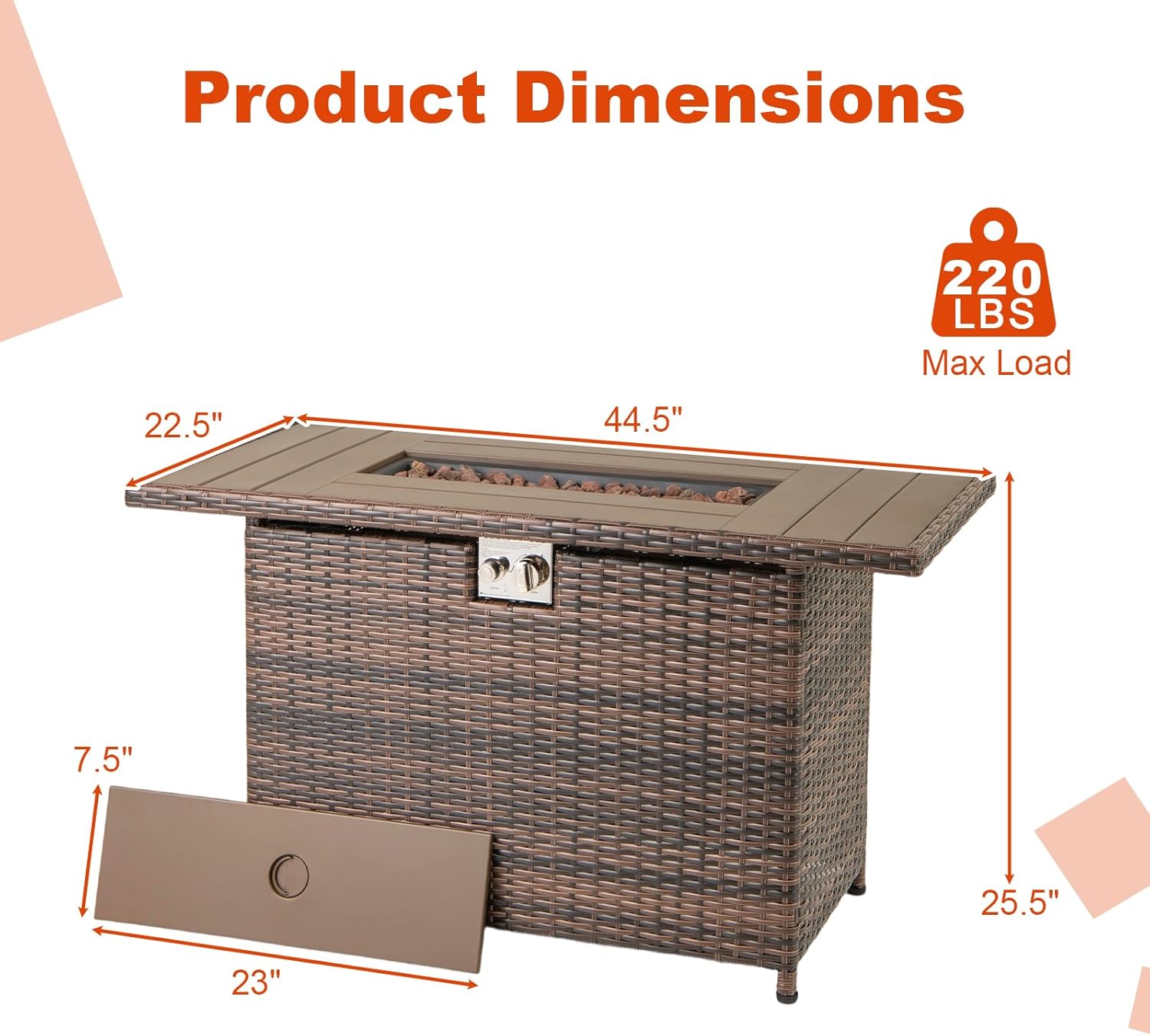 Tangkula 44.5 Inch Propane Fire Pit Table, Outdoor Rattan Gas Firepit with Metal Slatted Tabletop & Stainless Steel Burner, Rectangle Fire Pit with Lava Rocks & Protective Cover for Outside Patio