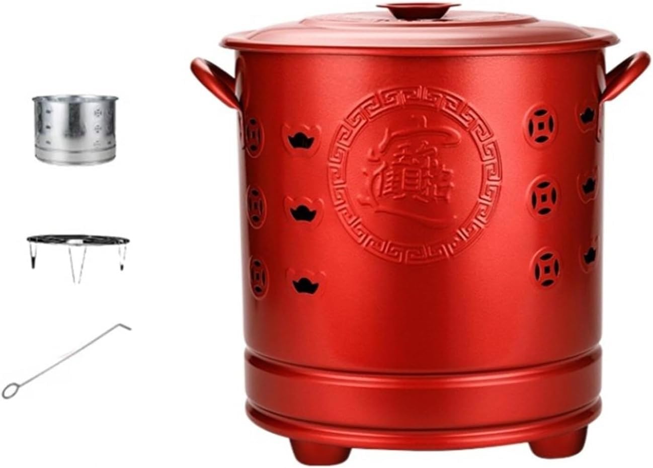 Stainless Steel Burn Barrel for Outdoor Paper Leaf Trash Wood Incinerator, Backyard Bonfire Fire Pit with Lid, Mesh Grill Rack & Poker, Ventilation Holes(Red,Small)