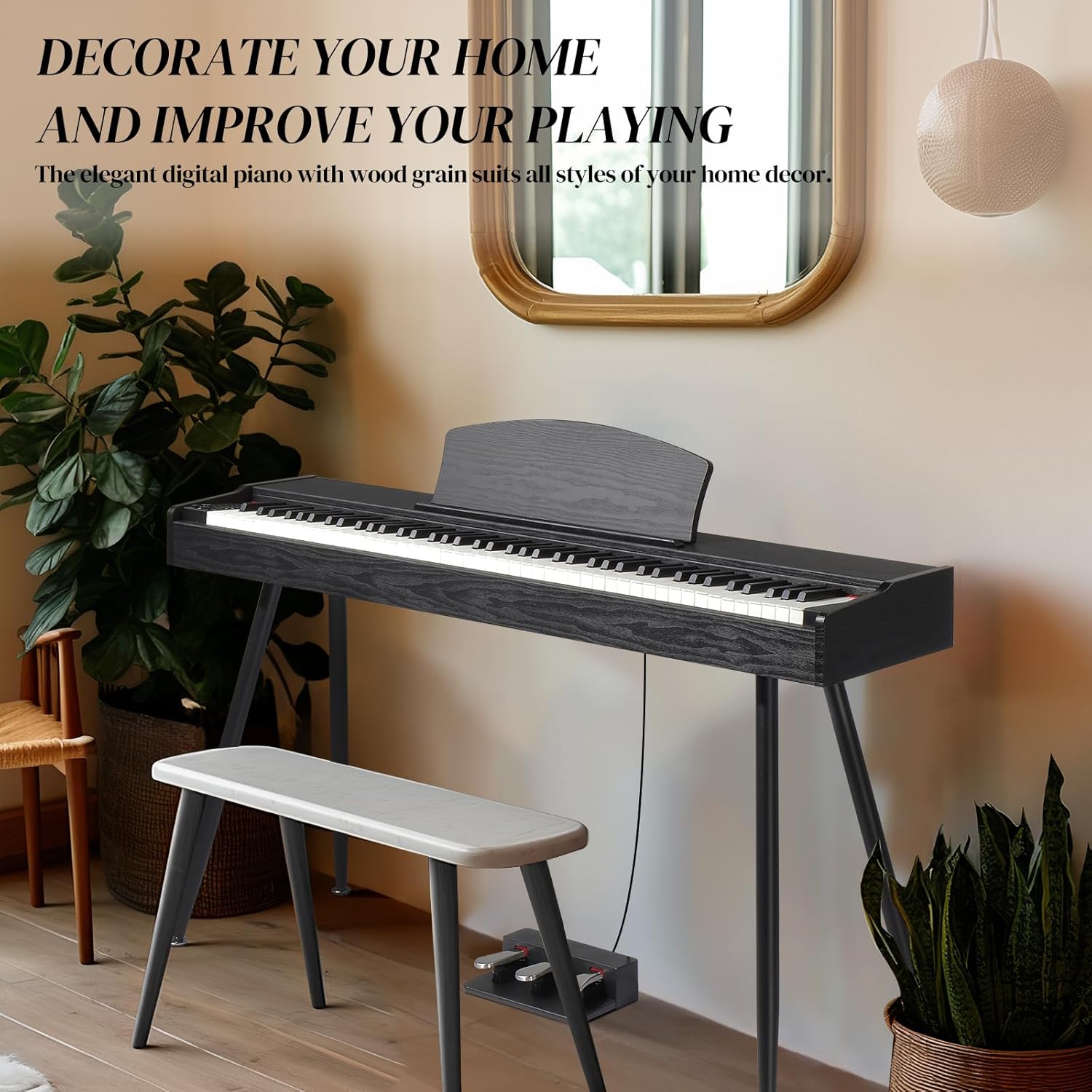 Ktaxon 88 Key Keyboard Piano Weighted Action Electronic Keyboard Piano, Digital Piano with 3-Pedal Unit, Removable Music Stand, Stereo Headphones, Compact Design and MIDI Connection(Wood Grain Black)