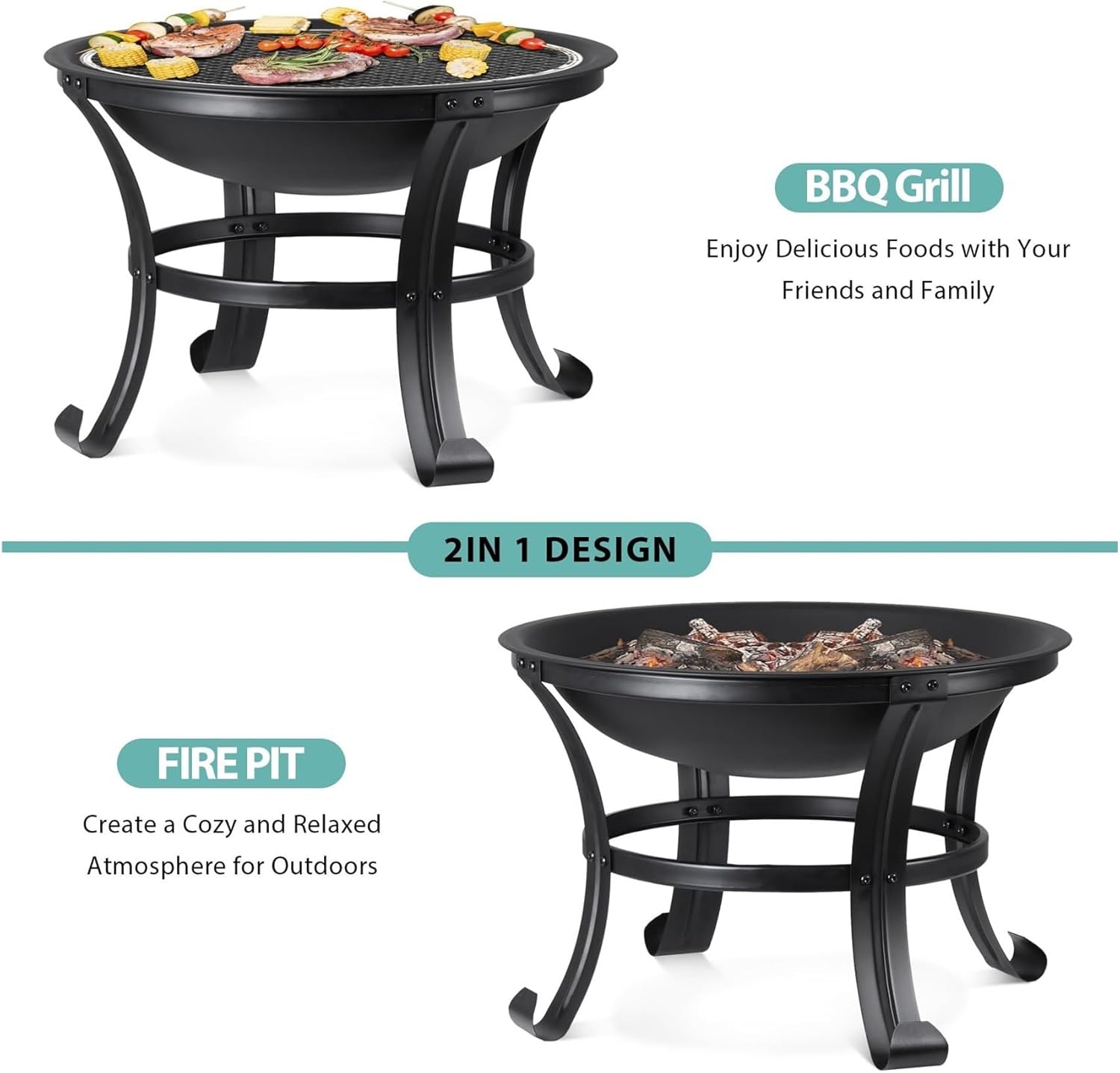 22 Inch Portable Steel Fire Pit for Outdoor Use Lightweight Wood Burning Firepit Bowl with Log Grate and Poker for Backyard Patio Camping Bonfire and BBQ