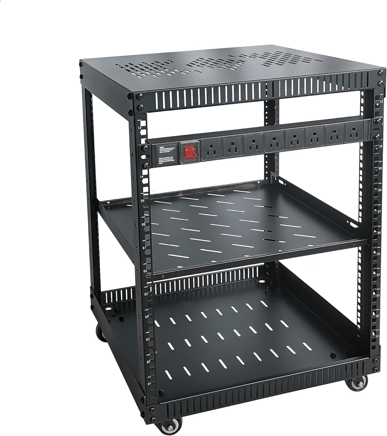 RIVECO 12U Network Rack with Reinforced Top Cover - 4 Post Floor Rack on Wheels for 19