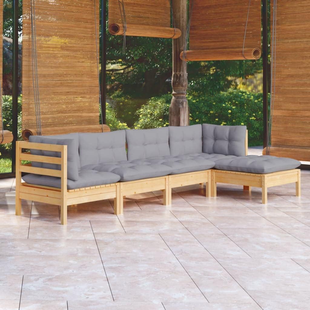 5 Piece Patio Lounge Set with Gray Cushions Pinewood,Versatile Wooden Patio Lounge Set for Relaxation and Conversation Patio Furniture, Outdoor Furniture Sets