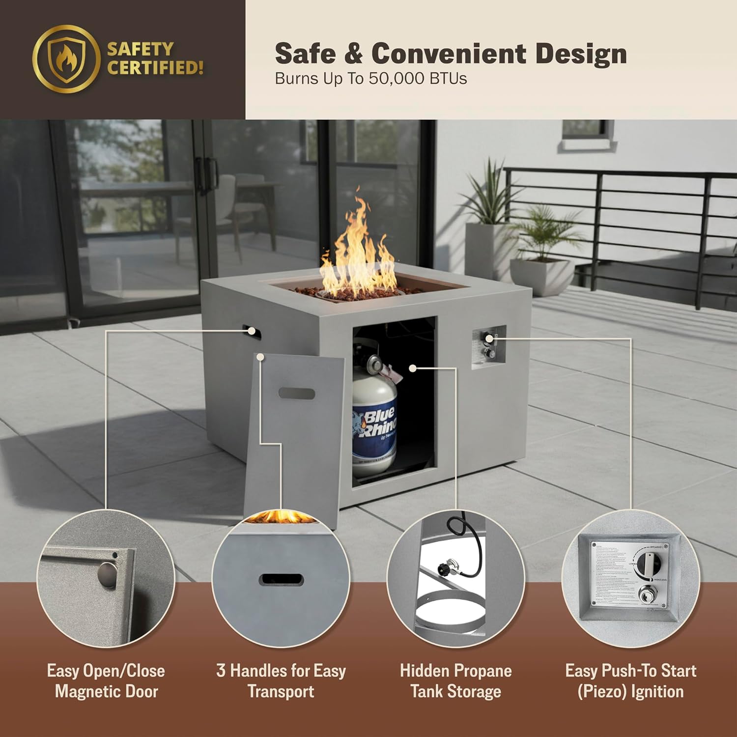 Kinger Home Kai 32-Inch Square Propane Fire Pit Table, Alloy Steel Outdoor Fire Pit with 50,000 BTUs, Certified, Includes a Burner lid, Lava Rocks and Weatherproof Cover