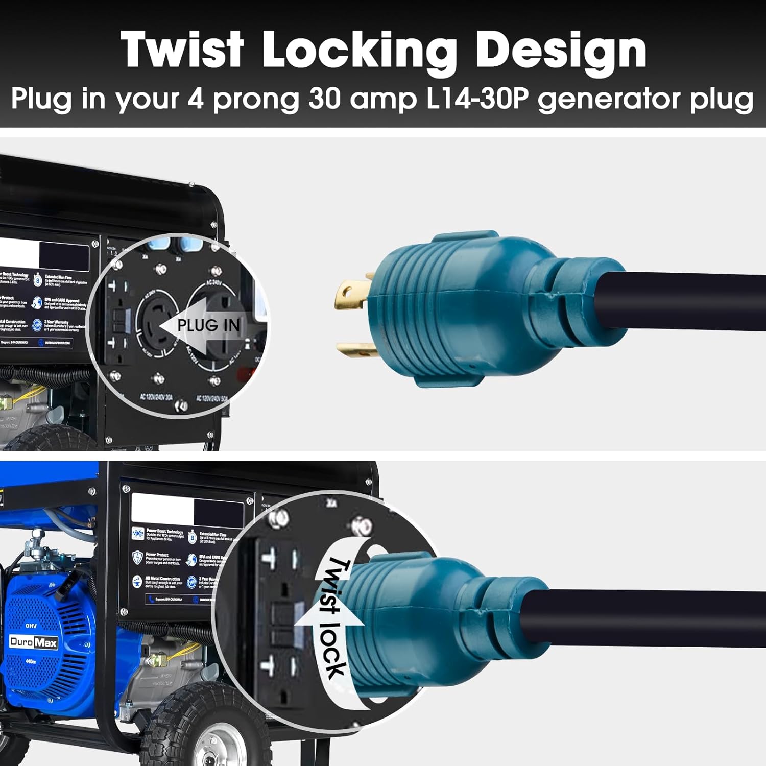 Generator Extension Cord, 30A 4 Prong Locking Generator L14-30P Male to 50A Marine Shore Power SS2-50R Female with Locking Ring 125V/250V,ETL Listed (25FT)