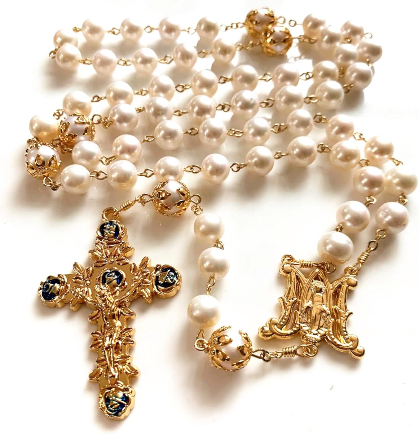 elegantmedical HANDMADE AAA+ 10MM White Real Pearl BEADS ROSE CATHOLIC ROSARY CROSS GIFT NECKLACE Supper BOX case