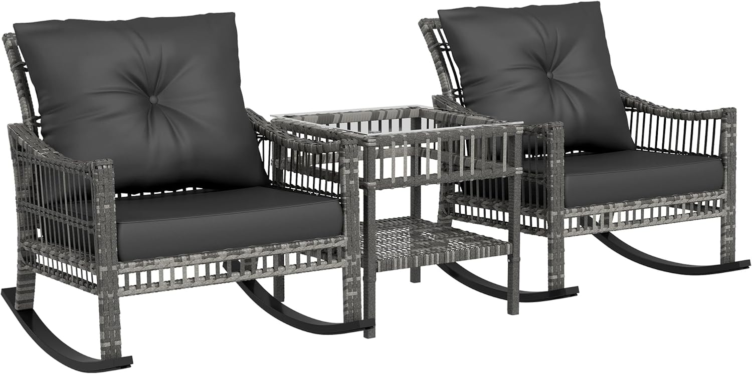 Outsunny Wicker Outdoor Rocking Chair Set, 3 Piece Patio Furniture Set with Padded Cushions and Storage Coffee Table, 2-Seater PE Rattan Bistro Set for Garden Backyard Porch, Gray