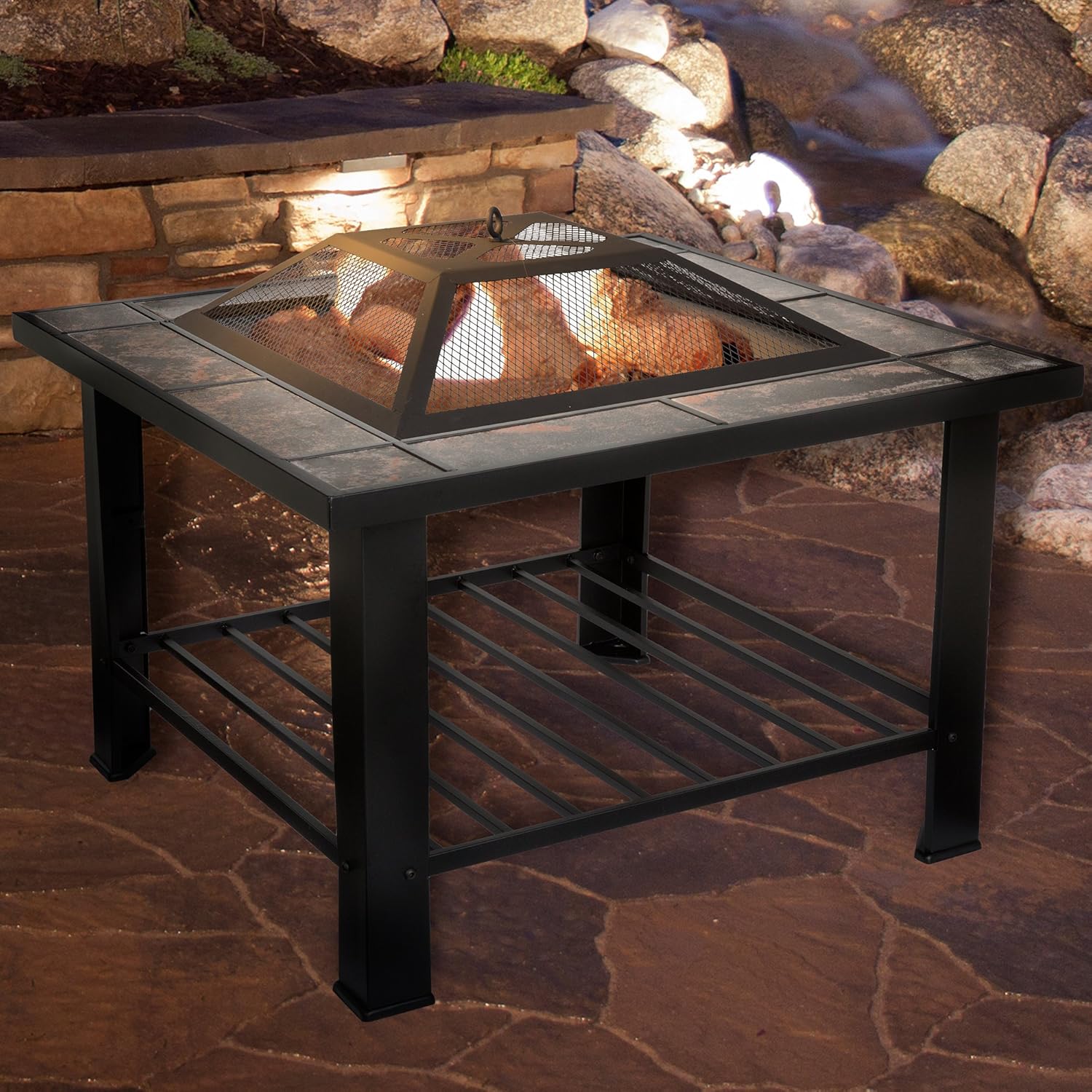 Fire Pit - 30-Inch Outdoor Firepit Table with Screen, Cover, and Poker - Outdoor Fire Pits for Backyard, Deck, Patio, or Porch by Pure Garden (Black)