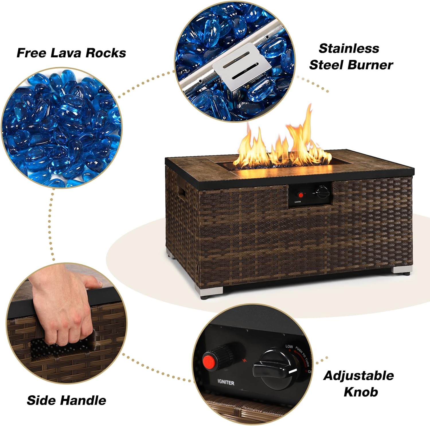 Outdoor Propane Fire Pit Table w/Tank Holder, 2 Piece Handmade Rattan Wicker Firepit Ceramic Tabletop with Steel Lid 40,000 BTU Rectangle Fire Table Set for Patio, Deck, Backyard (Brown)