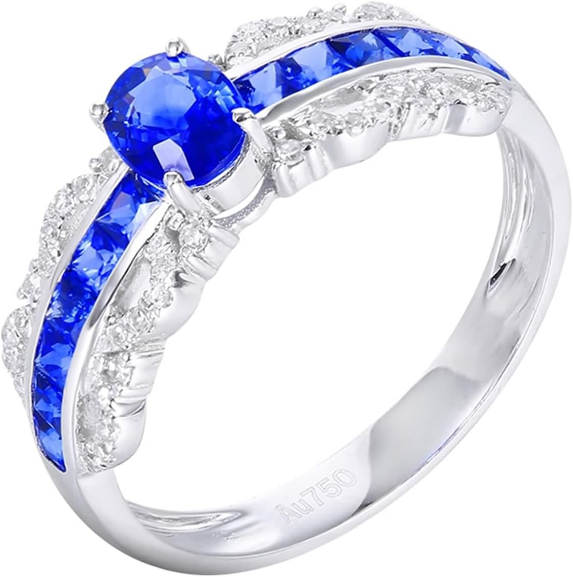 18K White Gold Ring for Women, Proposal Ring Lab Created Sapphire 4 Claws White Gold Band with Moissanite for Engagement Wedding