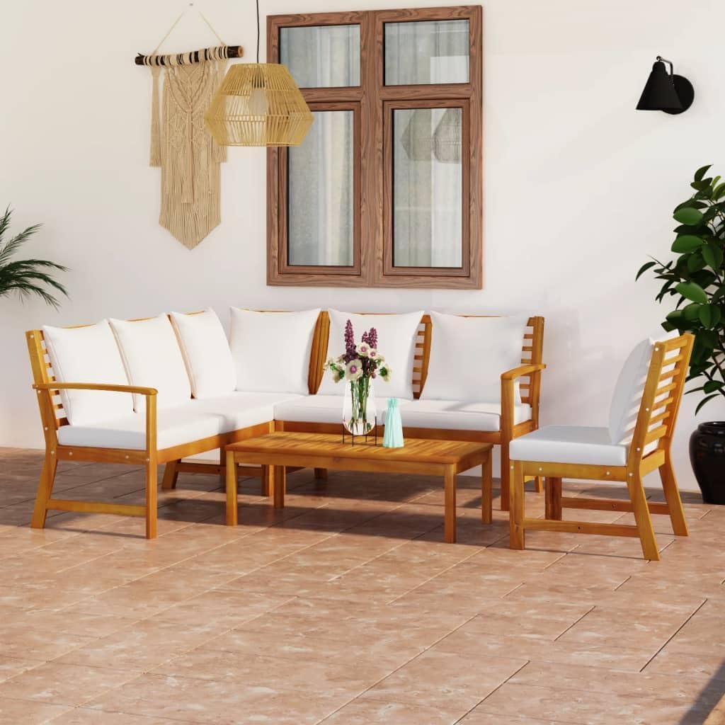 5 Piece Patio Lounge Set with Cushion Cream Solid Acacia Wood,Stylish and Durable 5Piece Patio Lounge Set with Acacia Wood Frame and Thick Cushions Furniture Sets for Patio, Lawn & Garden