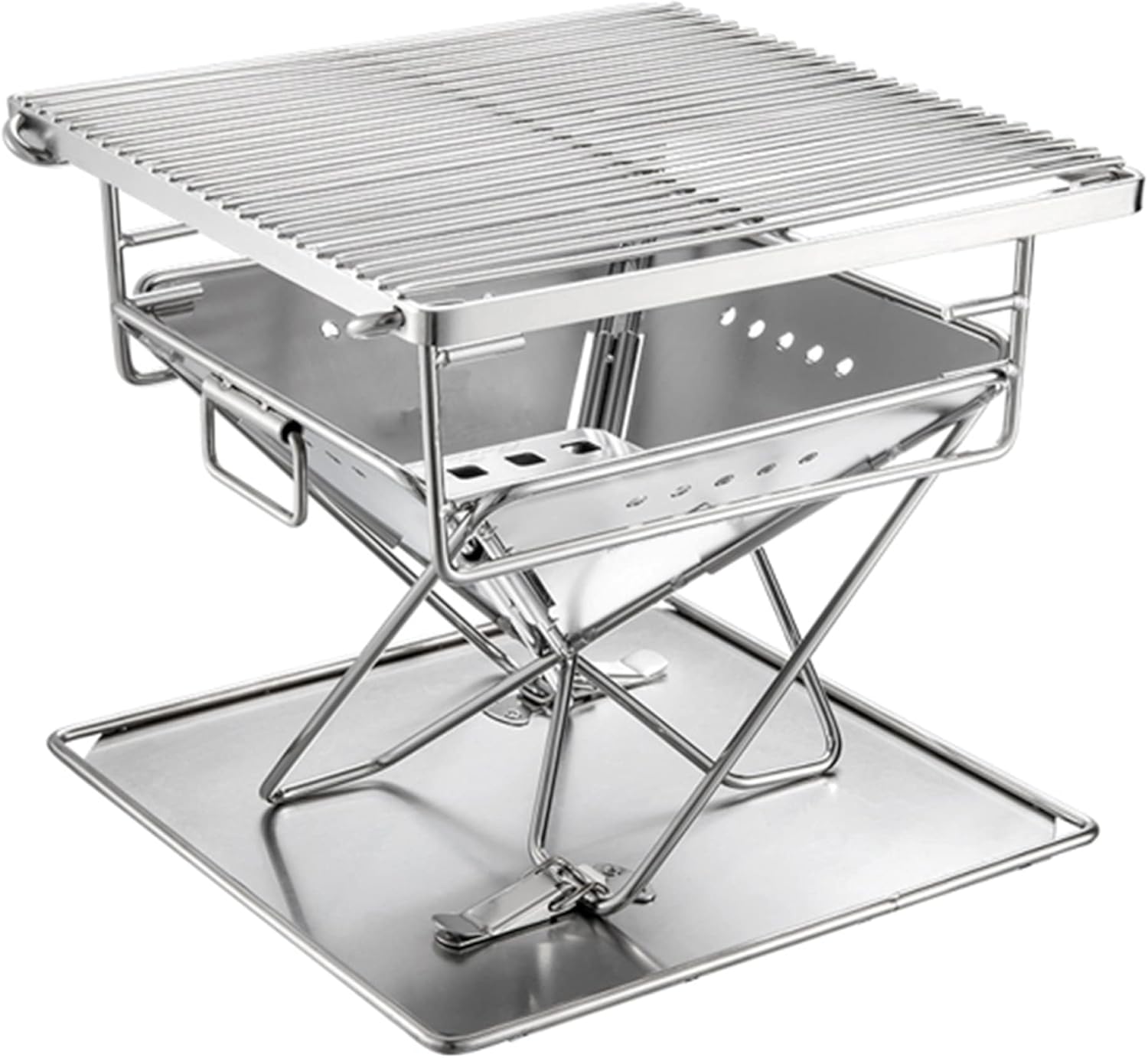 Folding Campfire Grill Outdoor Charcoal Barbecue Rack Stainless Steel Portable Camping Fire Pit Wood Burner Stove with Carrying Bag for Travel Picnic Garden