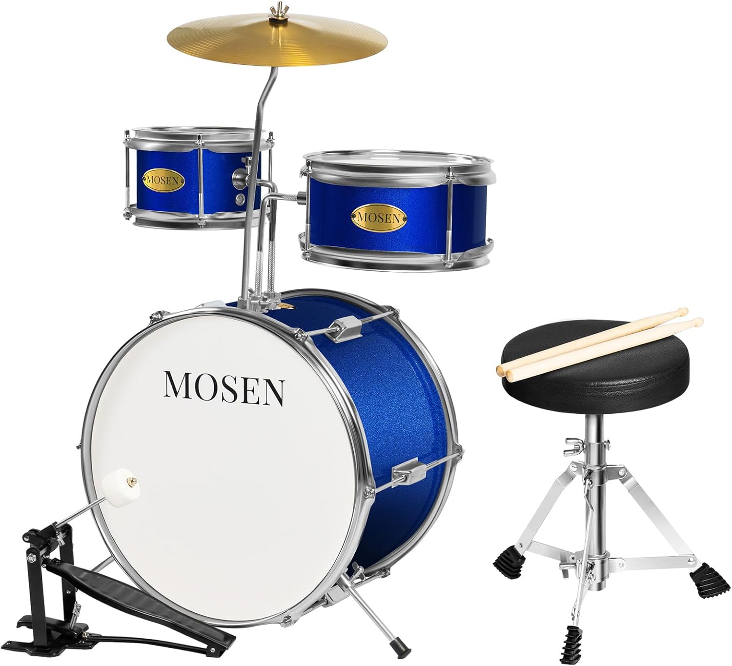 MOSEN Drum Set 3-Piece Beginner Drum Set Junior Drum Kit with Adjustable Throne, Cymbal, Pedal & Drumsticks Drums with Bass Tom Snare Drum - Blue