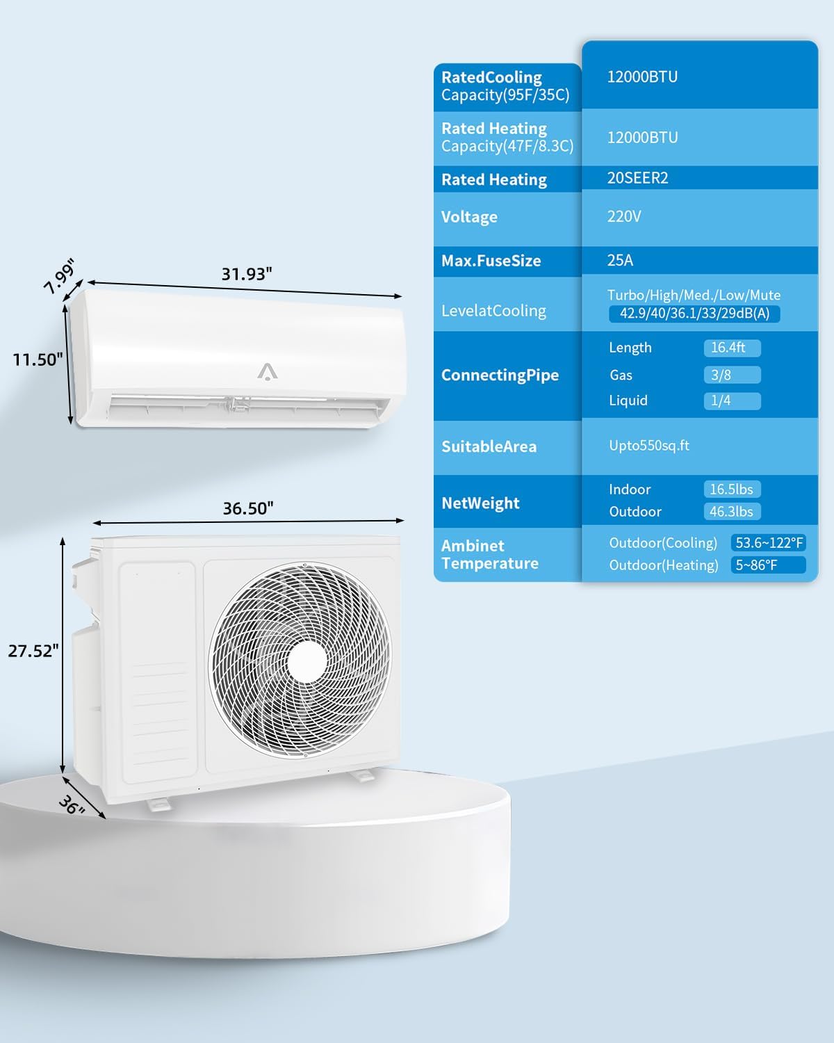 24000 BTU Dual Zone Mini Split Air Conditioner, 20 SEER2 12000+12000 BTU Wifi Enabled Multi Zone Ductless,160 Sq.Ft Cooling/Heating,Smart Inverter, Installation Kit, White