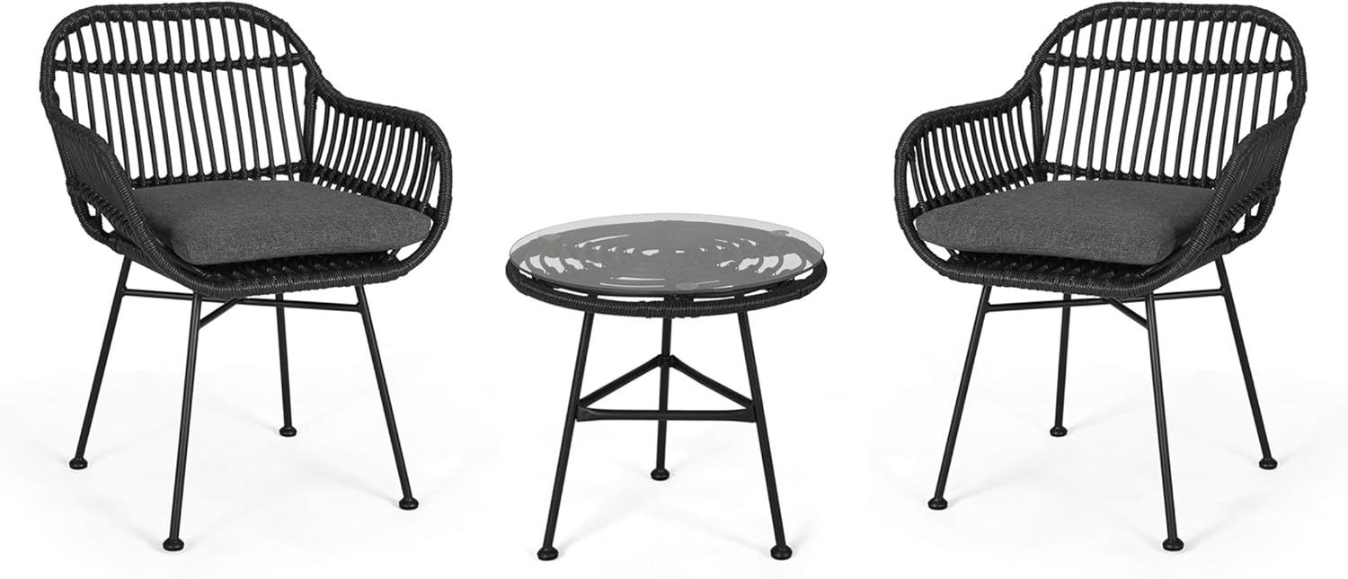 Great Deal Furniture GDFStudio Outdoor Faux Wicker 2 Seater Chat Set with Tempered Glass Table, Gray and Dark Gray