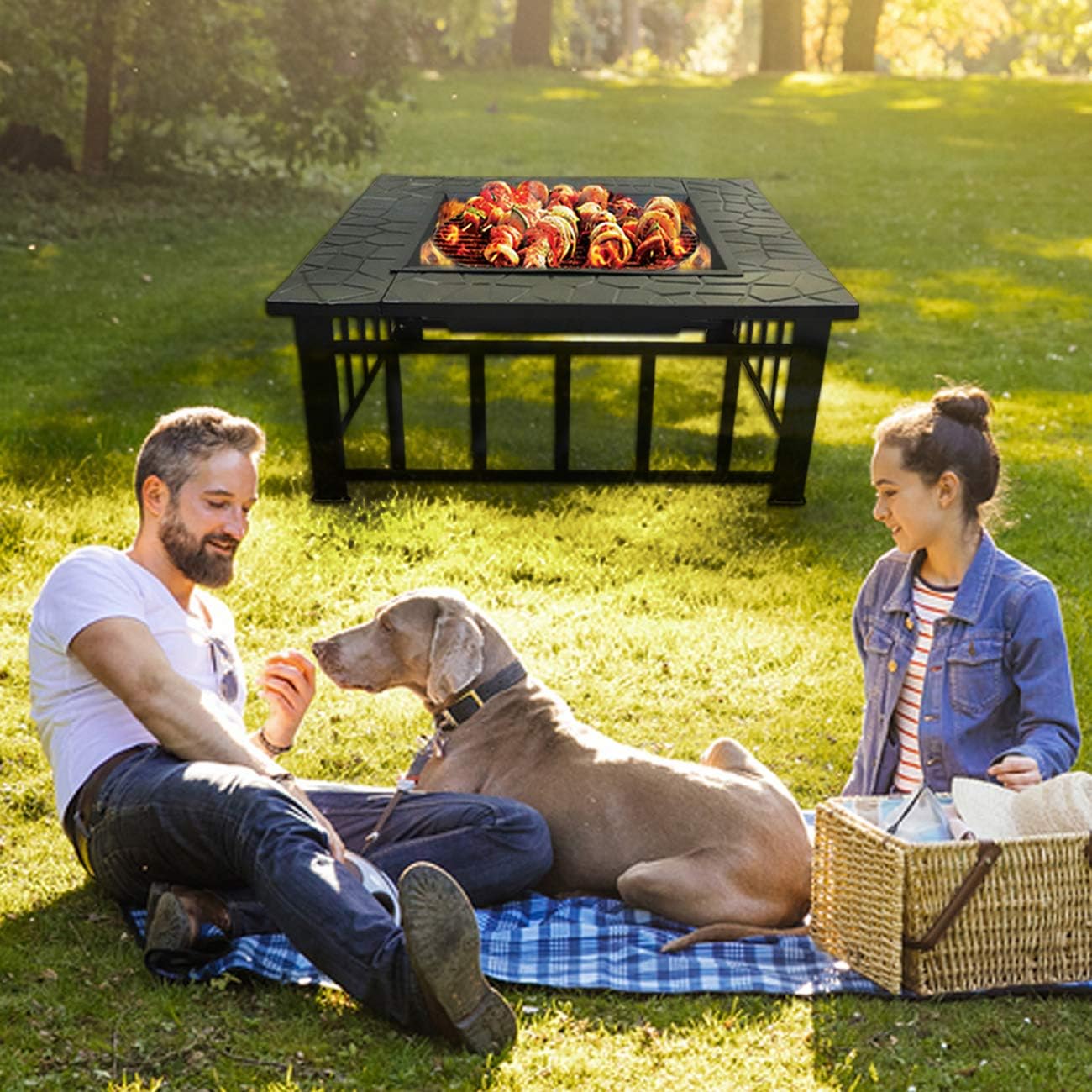 N/M Square Fire Pit Charcoal Grill for Outdoor Patio Wood Burning 32 inches