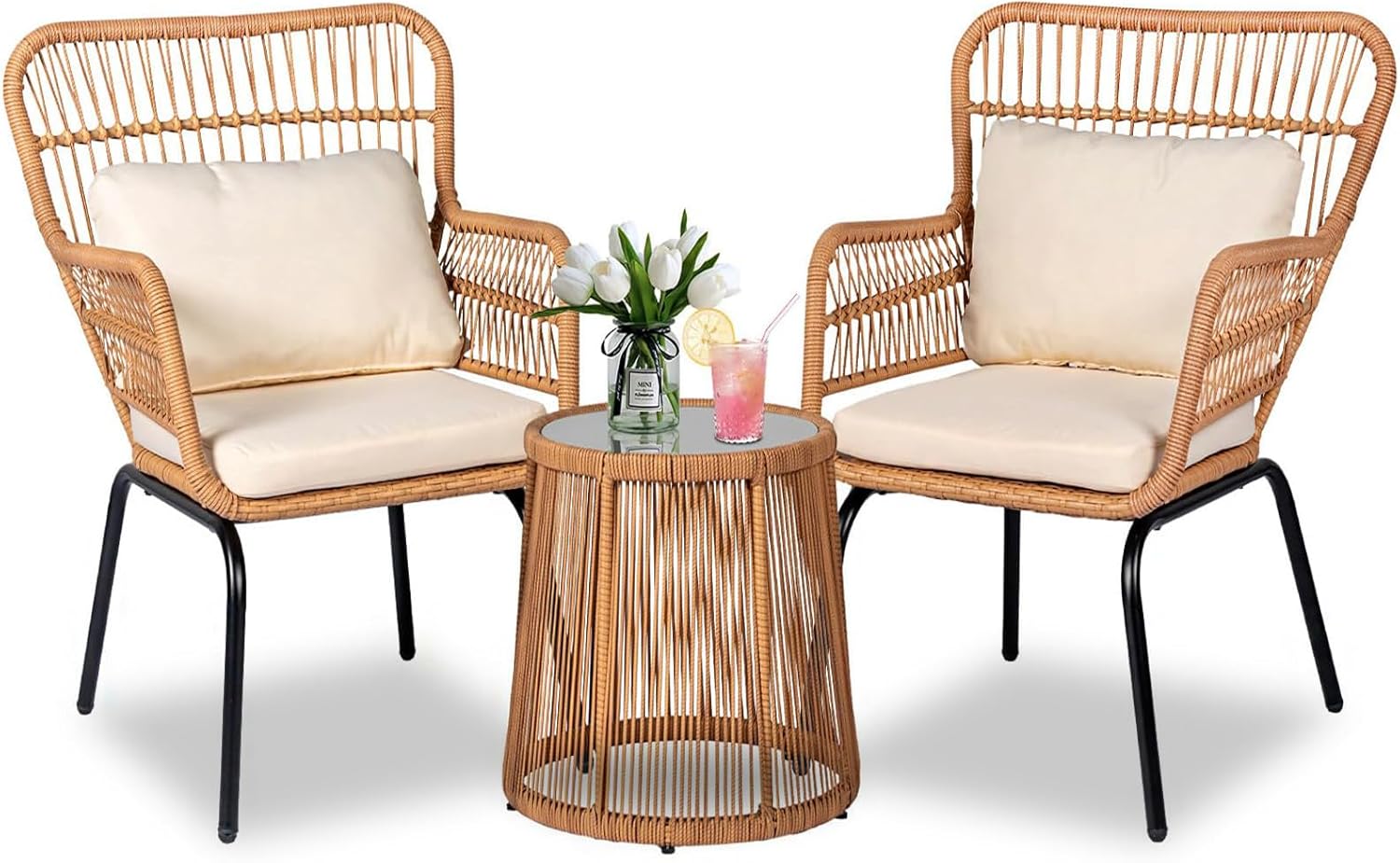 PROHIKER 3 Pieces Outdoor Wicker Bistro Patio Furniture Set, Porch Furniture Rattan Conversation Sets with Side Table and Cushions for Garden Poolside Backyard, Yellow/Beige