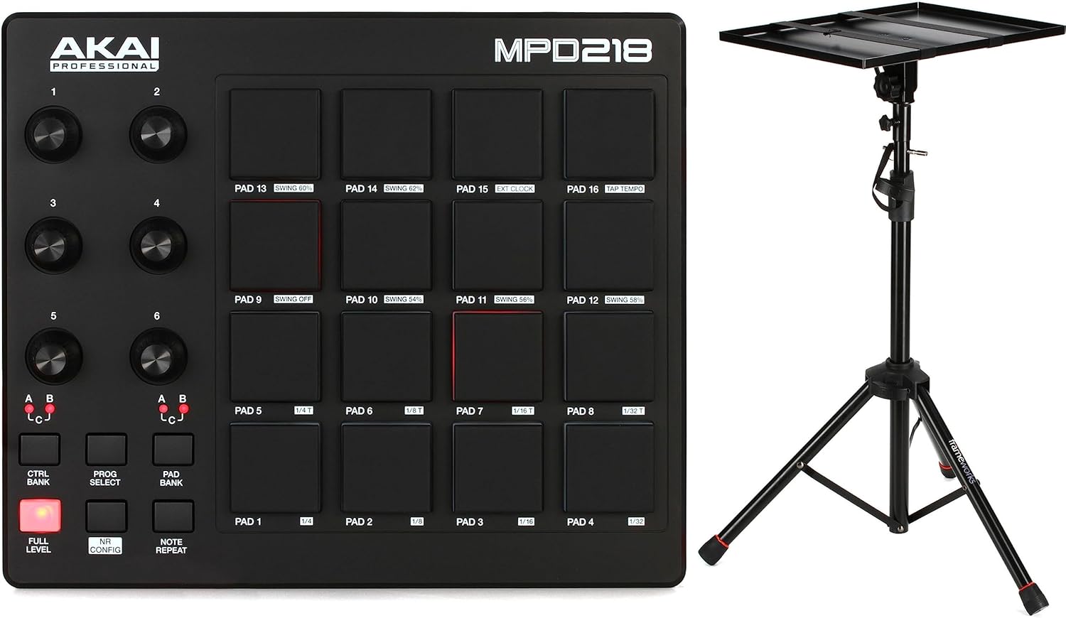 Akai Professional MPD218 16-Pad MIDI Pad Controller and Tripod Laptop Stand