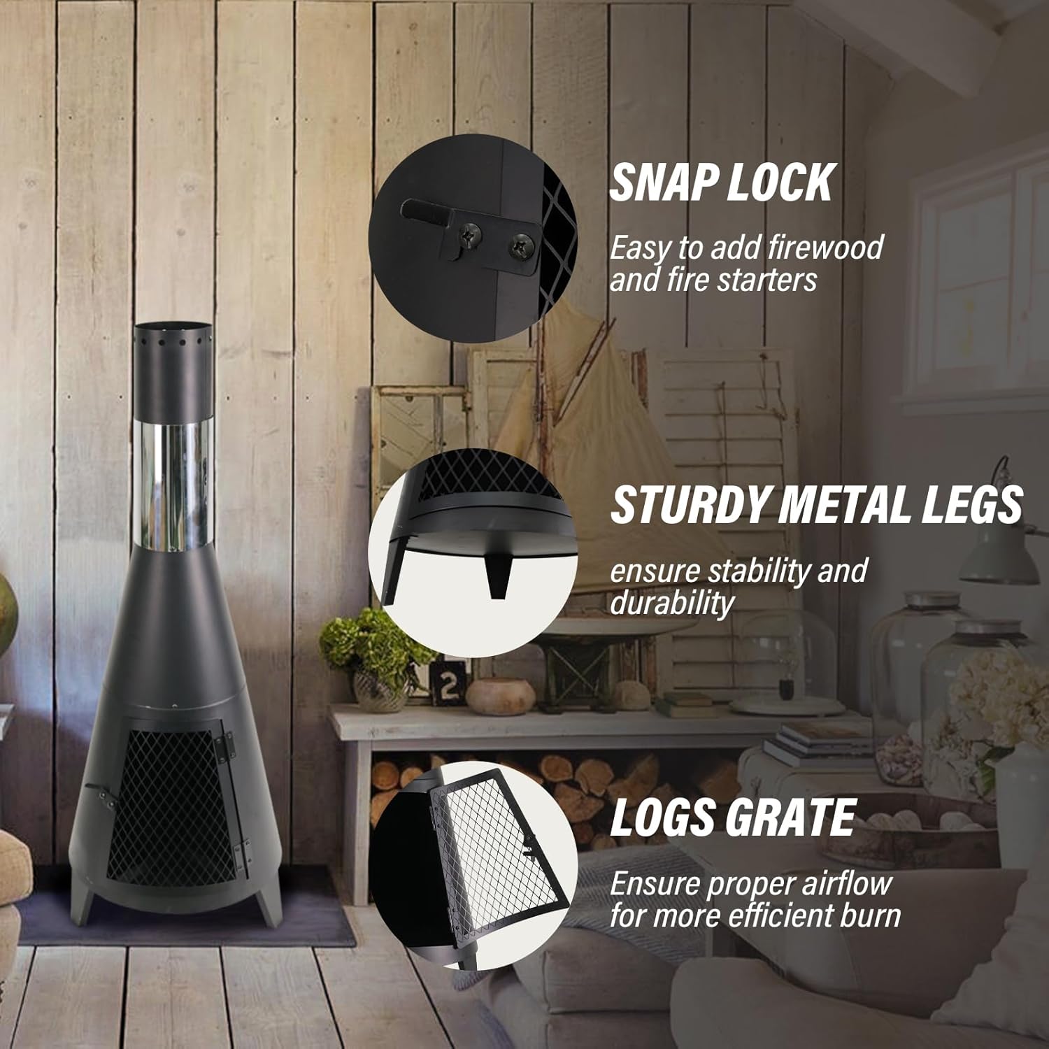 ptlsy 43inch Tall Chiminea Outdoor Fireplace Wood Burning for Backyard and Patio Wood Burning Rocket Fire Pit